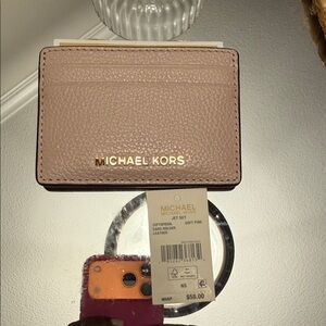 Michael Kors Soft Pink Pebbled Leather Card Case with Gold Logo